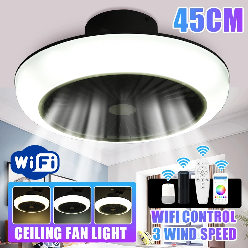 45cm WiFi Modern LED Ceiling Fan Lamp With Light Home Bedroom Remote Control 3-Wind Adjustable Speed Dimmable | Освещение
