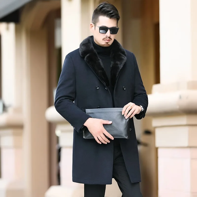 Большой натуральный меховой воротник монтео Homme Hiver утолщенная теплая шерстяная подкладка мужское шерстяное пальто