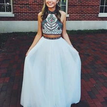 Платье с лямкой на шее из двух частей, платья для выпускного вечера, длинные платья для выпускников, шифоновые платья трапециевидной формы для выпускного вечера с вышивкой