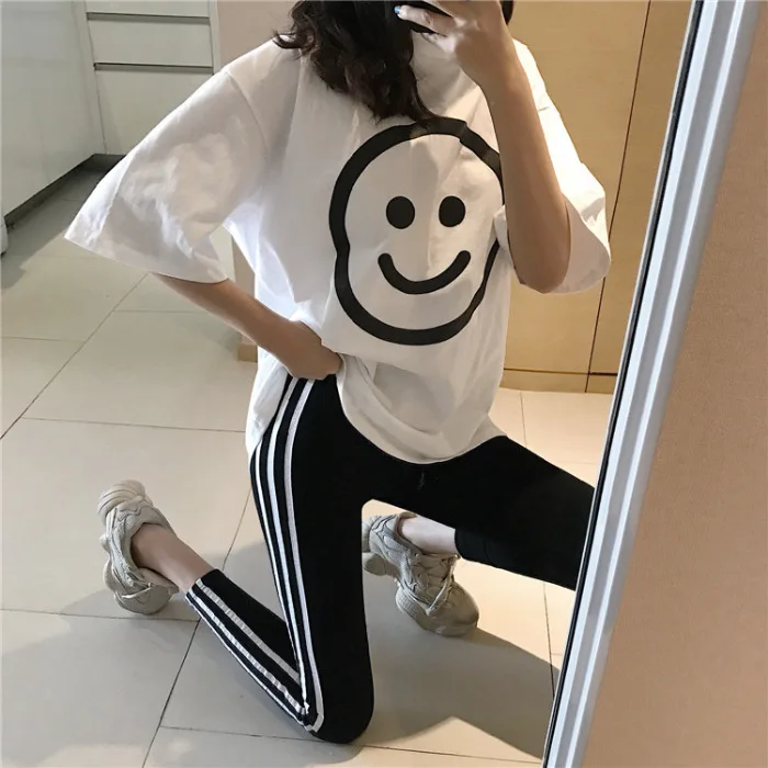 

2019 Summer New Style Fashion Casual WOMEN'S Suit Loose-Fit Large Smiley Short Sleeve T-shirt + Outer Wear Skinny Leggings
