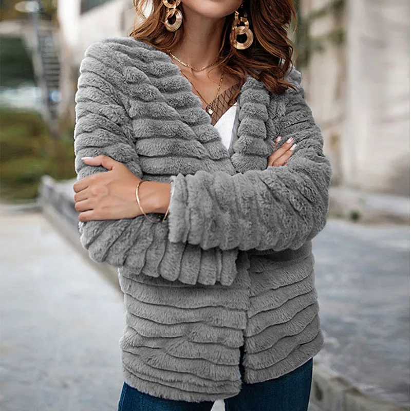 Gray Women Long Sleeve Cardigan Fur Coat Shaggy Autumn Winter Faux Fur Jacket Gray Rabbit Hair Outerwear Coat Female - Цвет: Gray