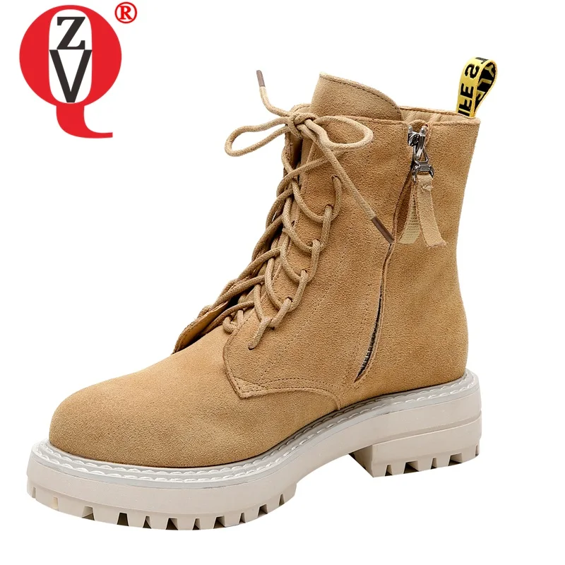 

ZVQ cool woman nubuck leather boots 35-40 size rock goth women's shoes winter autumn Khaki leather 4cm mid heels ankle boots