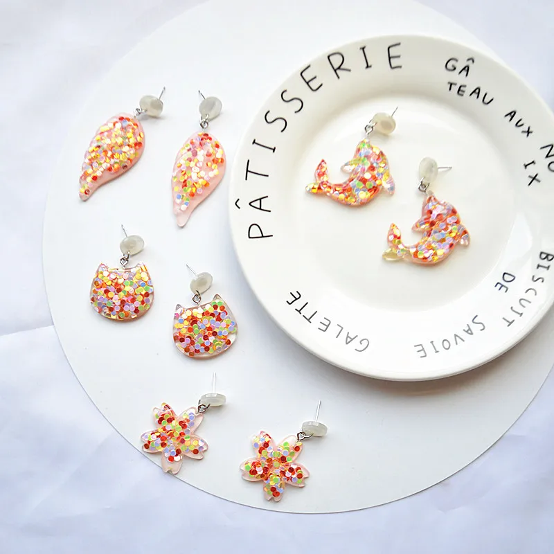 

New Arrival Cat Fish Flower Shape Shining Drop Earrings for Women Girls Lovely Glitter Powder Colorful Dangle Earrings Brincos