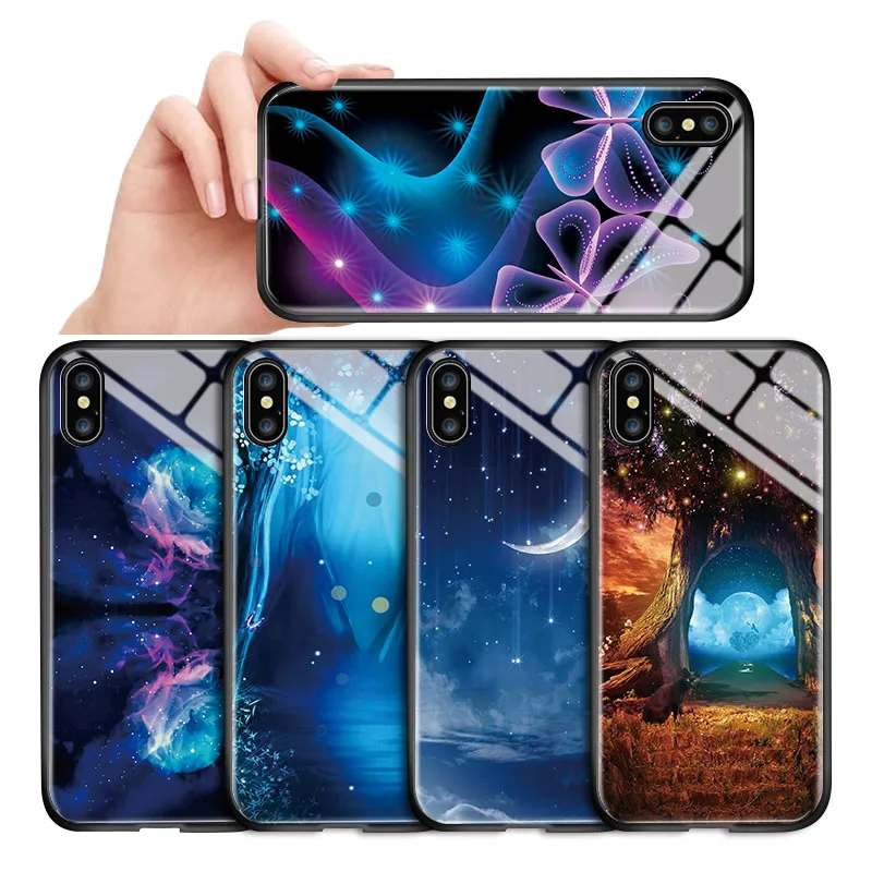 Глянцевый чехол из закаленного стекла для iPhone 11 12 Pro X XR XS Max 6 6S 7 8 Plus SE 2020 Aurora Space Magic
