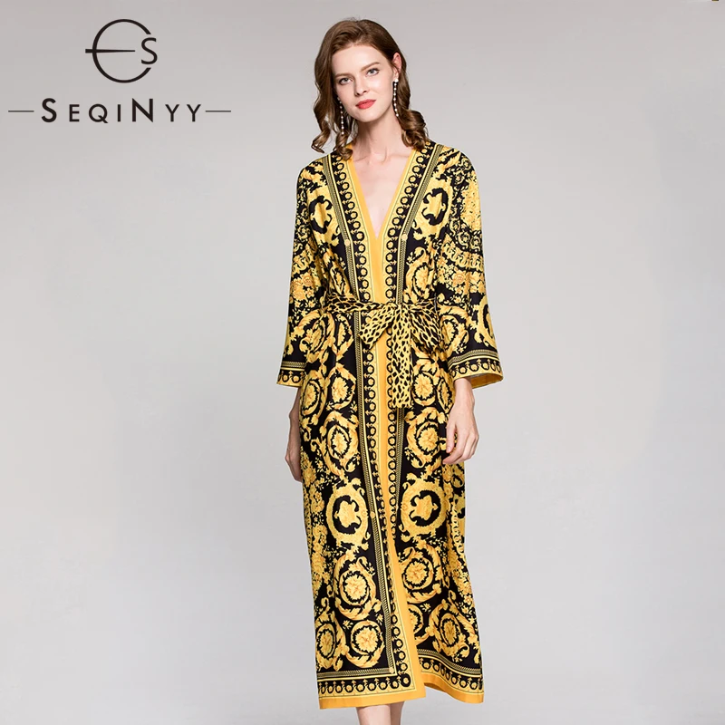 

SEQINYY Vintage Dress 2020 Autumn Winter New Fashion Design 3/4 Flare Sleeve Golden Flowers Printed Straight Loose Dress Women