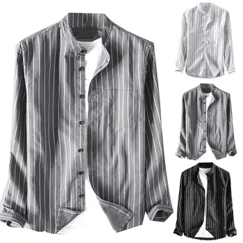 

Retro Men Long Sleeve Stand Collar Vertical Stripes Print Loose Plus Size Shirt