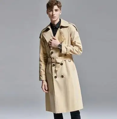 Мужские двубортные тренчи, мужские классические длинные пальто хамелеон, Мужская одежда, пальто с длинным рукавом, Осень-зима - Color: Khaki
