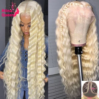 

Deep Curly Transparent 13x6 hd Lace Frontal Wig Preplucked Remy 613 Blonde Wig T Part 28 30 40 inch Human Hair Wig Can Be Dyed