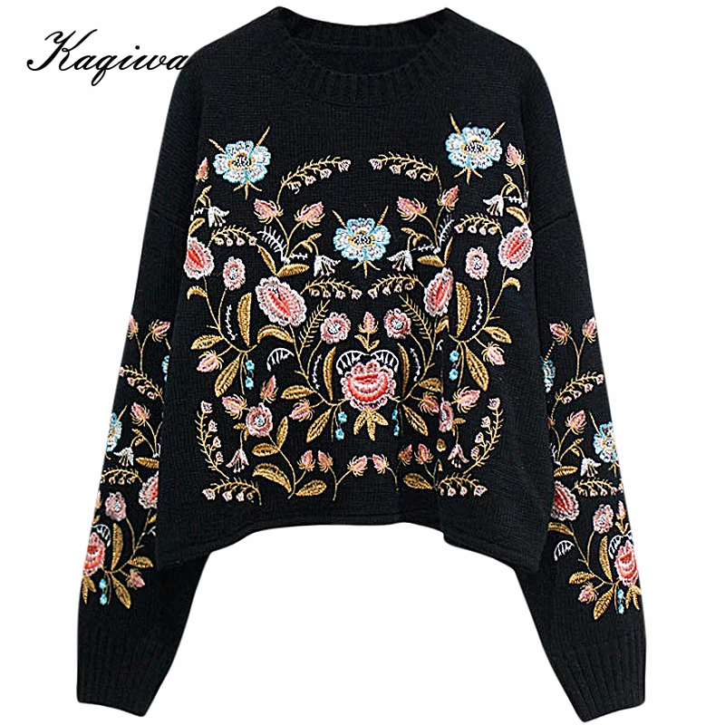Primavera de 2020 nuevo étnico bordado de estilo suéter mujer corta suelta la industria pesada flor negro blusa vintage B-162