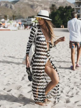 

Summer Bikini Cover-Ups Women Long Zebra Striped Beach Cardigan Swimwear Ankle-Length Chiffon Rash Guards Canga Saida De Beach