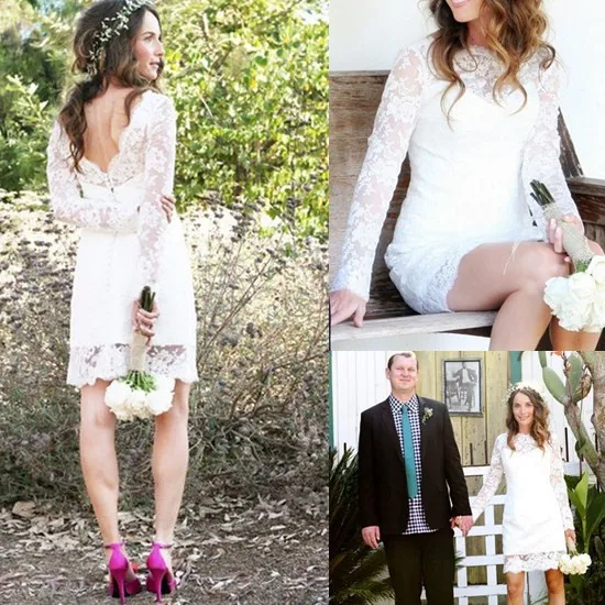 

vestido de noiva com renda 2015 Boho Style Fashion Knee-length Short Lace Wedding Dress with Long Sleeves