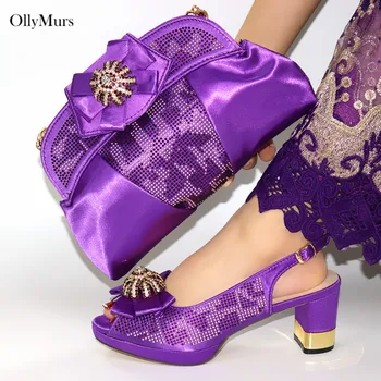 

New Coming Nigerian Square Heels Shoes And Matching Bag Set Summer African Sandals Shoes And Purse Set For Evening Party