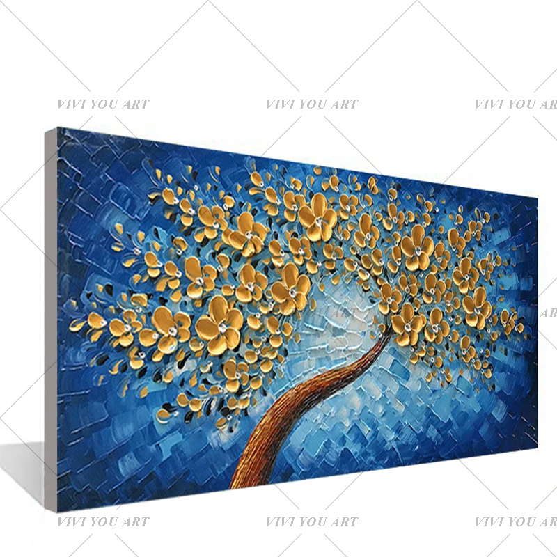 Top Blue Golden lucky tree Современная Картина на холсте в гостиной столовой спальне