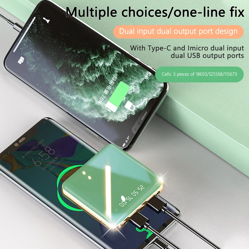 Portable Mini Power Bank 20000mAh LED Mirror Display Dual USB External Battery Powerbank 5V 2A Fast Charger For Xiaomi 2020 New