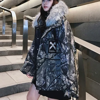

Winter Plus Size Women Coat Hip Pop Streetwear Camouflage Printed Padded Jacket Fur Collar Hoodies Warm Outwear Thick Parka