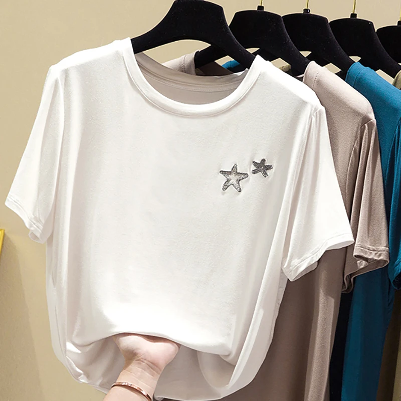 

Modal Cotton T Shirt Women Embroidery Summer Tops Geometric Star T-Shirt 2020 Short Sleeve Tshirt Woman Clothes Tee Shirt Femme