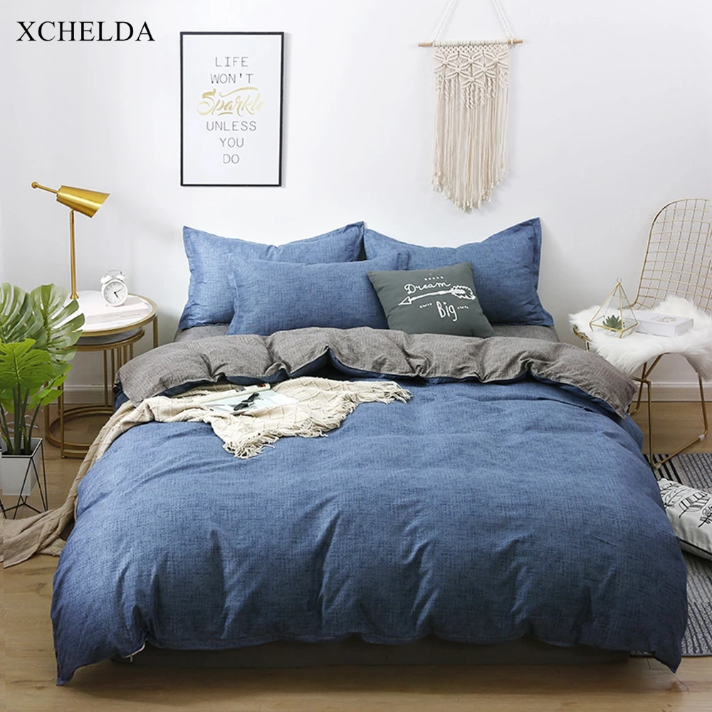 Luxury  Duvet Comforter Cover Bed Sheet set Double Queen King Size Bedding Set Solid Blue Cotton Adult linens Home Textile