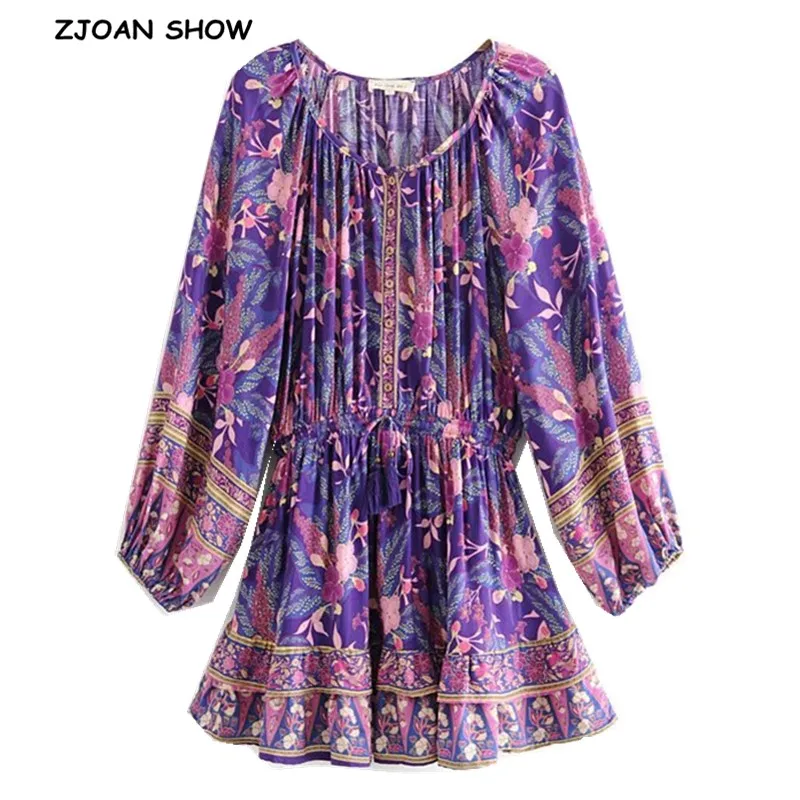 Женское платье с фиолетовыми листьями и цветочным принтом в богемном стиле