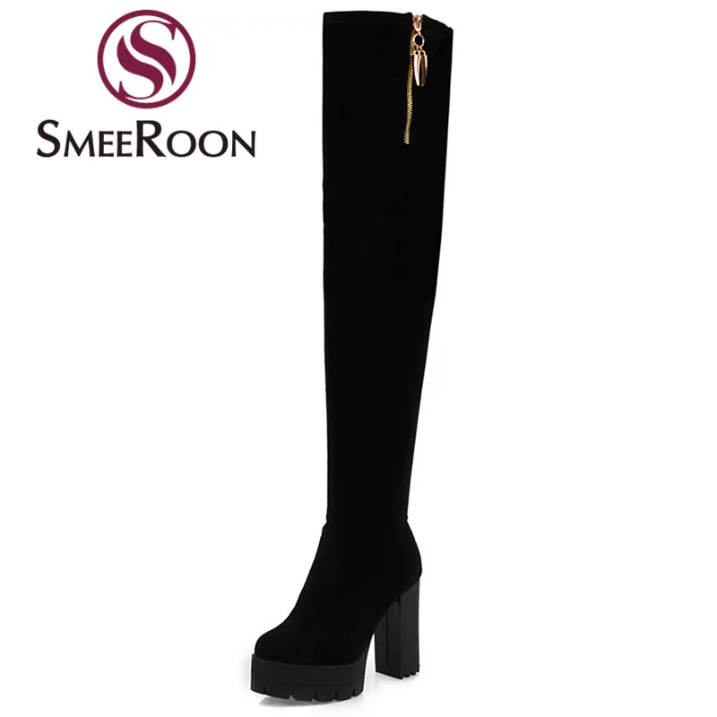 Размеры 34-49, женские ботинки высококачественные сапоги из флока на толстом высоком каблуке, Осень-зима женские сапоги выше колена на толстой подошве