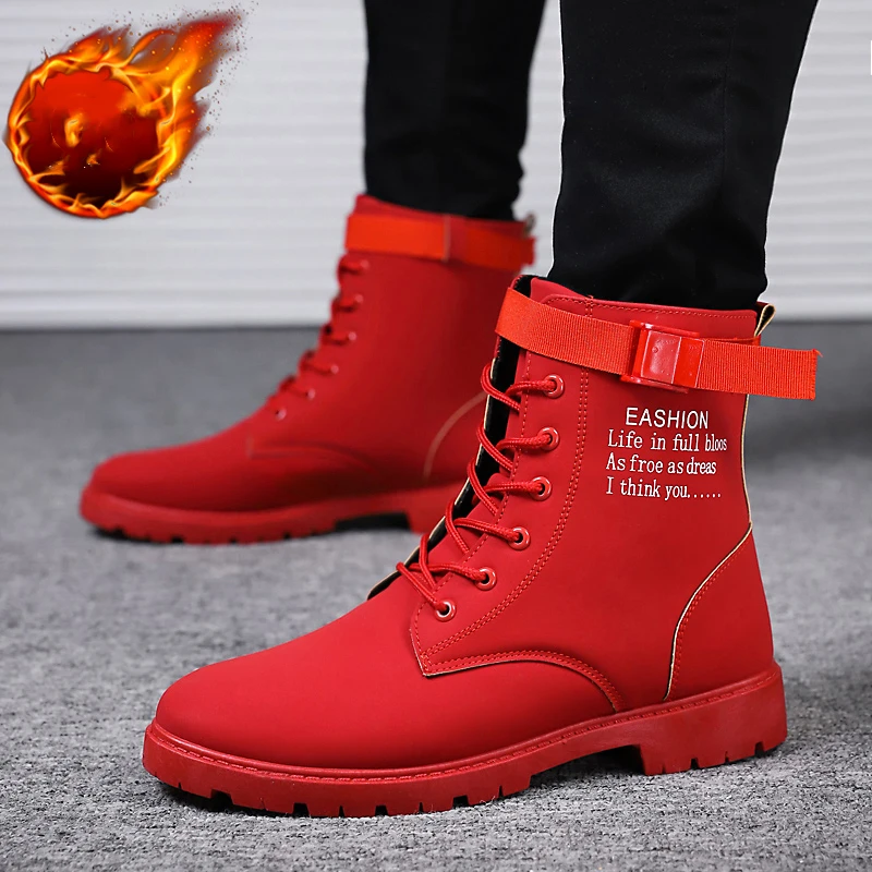 Мужские уличные красные ботинки; мужские мотоциклетные ботильоны в западном стиле; осенне-зимние армейские ботинки; кожаные ботинки с высоким берцем