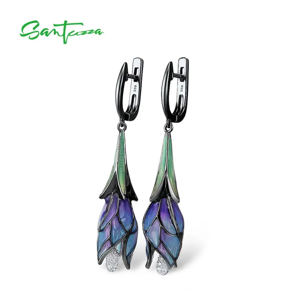 SANTUZZA Silver Earrings For Women Genuine 925 Sterling Silver Exquisite Drop Purple Flower Trendy Fine Jewelry Handmade Enamel