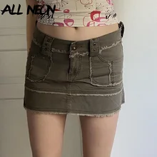 ALLNeon Y2K Fairy Grunge Green Denim Low Waist Micro Skirts Retro 90s Streetwear Pockets Trim Distressed Jeans Skirt Women 2022