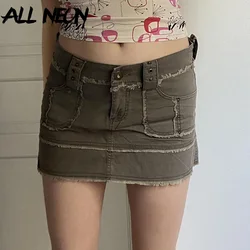 ALLNeon Y2K Fairy Grunge Green Denim Low Waist Micro Skirts Retro 90s Streetwear Pockets Trim Distressed Jeans Skirt Women 2022