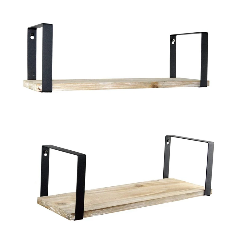 

Floating Shelves Wall Mounted Set of 2, Rustic Torched Wood & Square Matting Bracket to Storage Organize and Display for Living