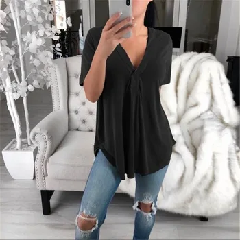 

2020 New Summer Women Fashion Casual High Quality Cotton Solid Color T-Shirts Female V-Neck Short Sleeve Loose Plus Size Tops