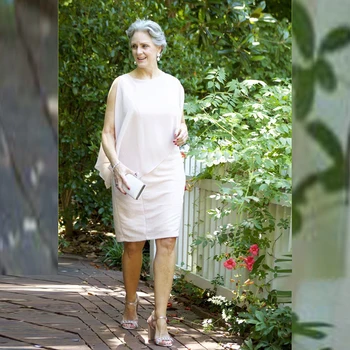 

Latest Arrival Modern Pink Chiffon Knee Length Mother of the Bride Dresses Sleeveless Wedding Party Gowns Jewel Neck