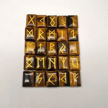 

fashion 25pcs/lot Natural tiger eye Stone Viking Runes Amulet Set Reiki Healing Crystals Divination Tumbled rectangle 15x20mm