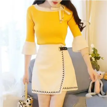 

2020 Spring Summer Women Flare Sleeves O-Neck Knitting Pullover Sweater And High Waist Mini Skirt Two Piece Chic Casual Set T415