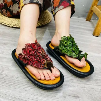 

YourSeason Ladies 2020 New Summer Genuine Leather Casual Shoes Outside Wear Peacock Casual Flip Flops Women Slippers
