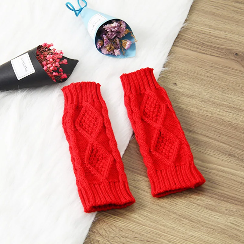 Распродажа зима весна трикотажные руки женские перчатки унисекс без пальцев теплые длинные митенки - Цвет: Красный