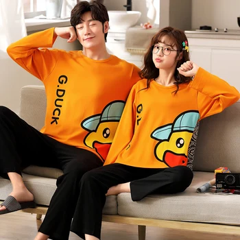

Couple Nightwear Suit Summer Sweet Cute long Sleeve Pajamas printing Homewear Men& Women Plus Size M-3XL Cotton Pijamas Mujer