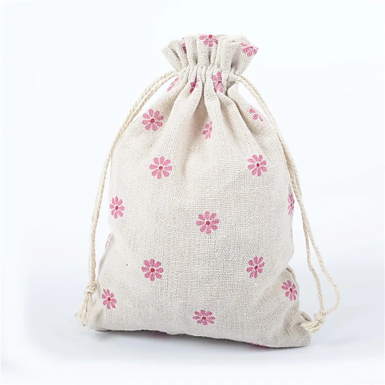 Pink Daisy 10 шт., 10*14 см, с принтом, хлопок, лен, пачка, карман, с рисунком, на шнурке, сумка из мешковины, для конфет, ювелирных изделий, орехов, печенья, вечерние сумки, сувениры - Цвет: Pink Daisy