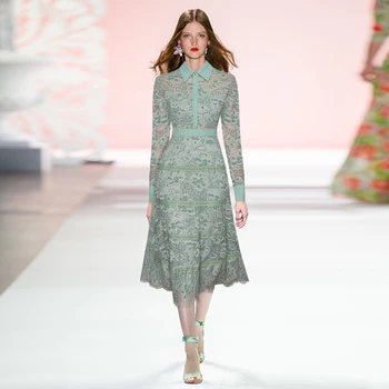 

Runway Designer Dress Women Vintage Green Flower Lace Long Sleeve Pleated Midi Dress For Women Spring 2020