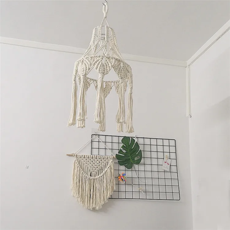 Bohemian Macrame Wall Hanging Tapestry Handmade Woven Boho Chic Decor Cotton Rope Lamp Shade Cover for Home Coffee Restaurant