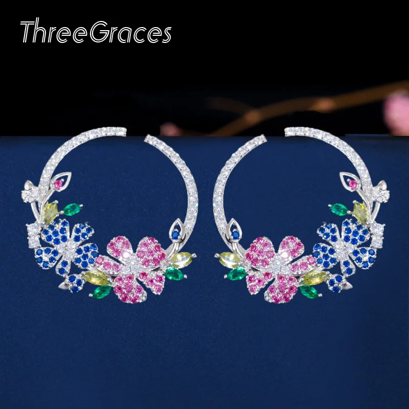 ThreeGraces очаровательные серьги-гвоздики с кубическим цирконием красного и синего цветов, большие круглые разноцветные Серьги для женщин, модное ювелирное изделие, подарок ER327