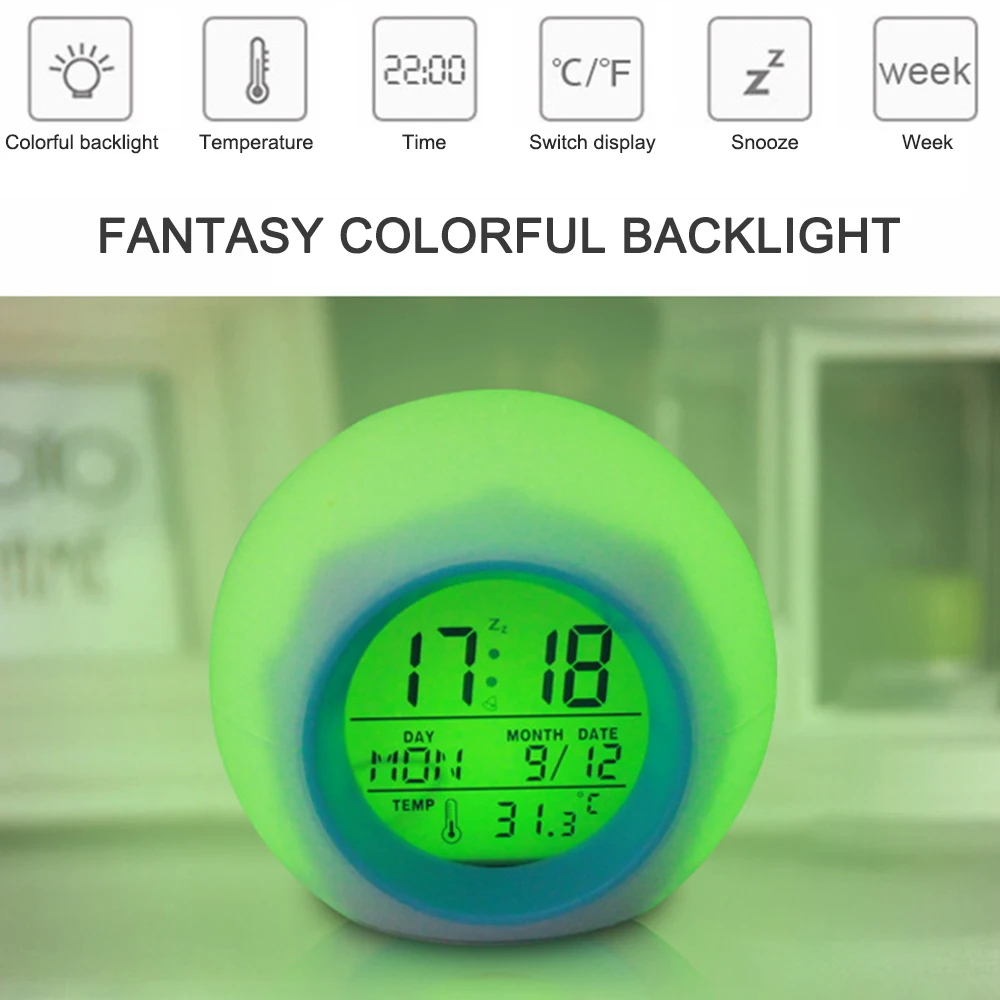 

LED Alarm Colock 7 Colors Changing Digital Desk Gadget Digital Alarm Thermometer Night Glowing led Clock for Bedroom Bathroom