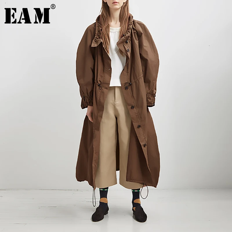 

[EAM] Women Drawstring Oversized Trench New Stand Collar Long Sleeve Loose Fit Windbreaker Fashion Autumn Winter 2020 19A-a213