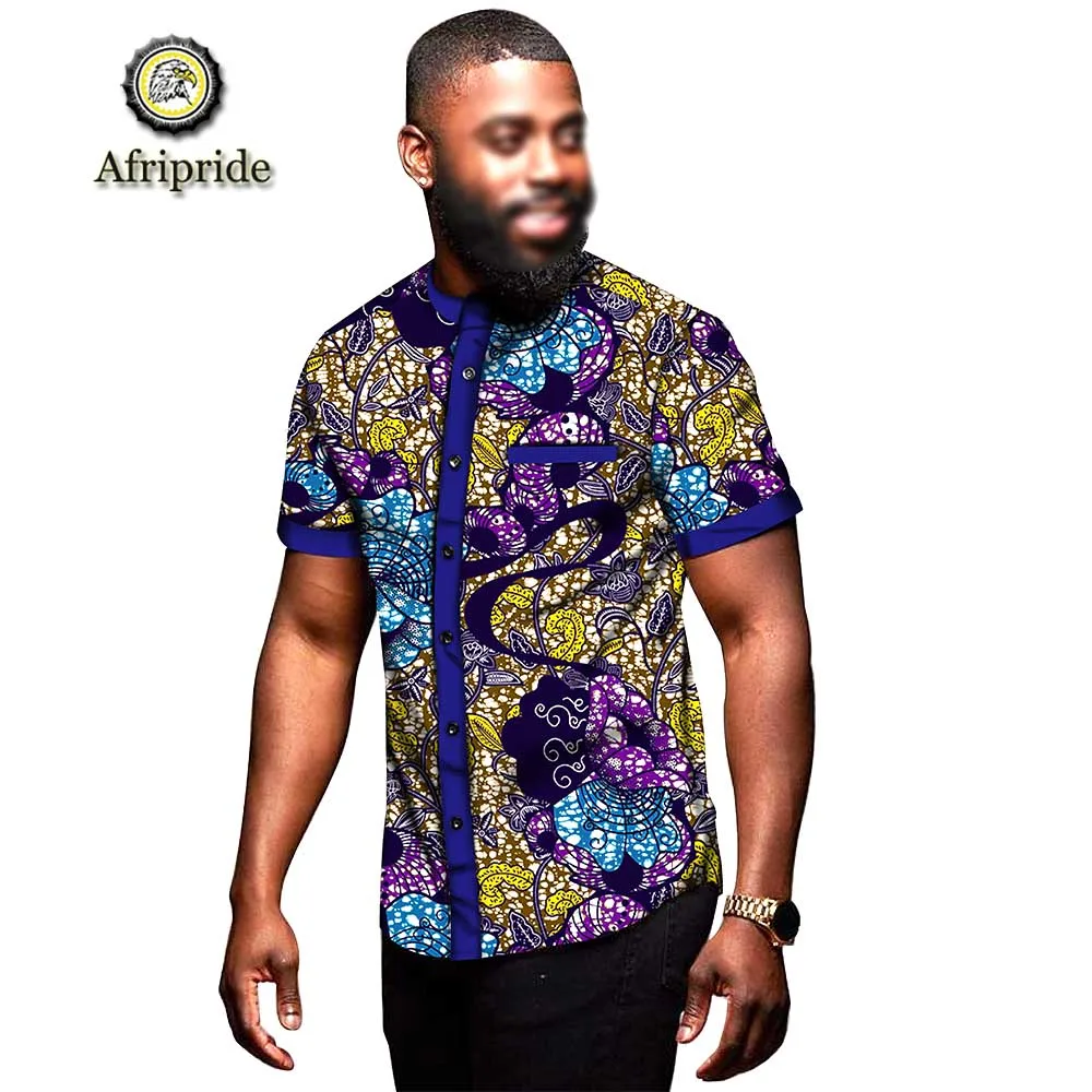 Африканская Мужская одежда Топ dashiki рубашка с принтом короткий рукав Летняя Повседневная Блузка Анкара ткань Базен riche AFRIPRIDE S1912005