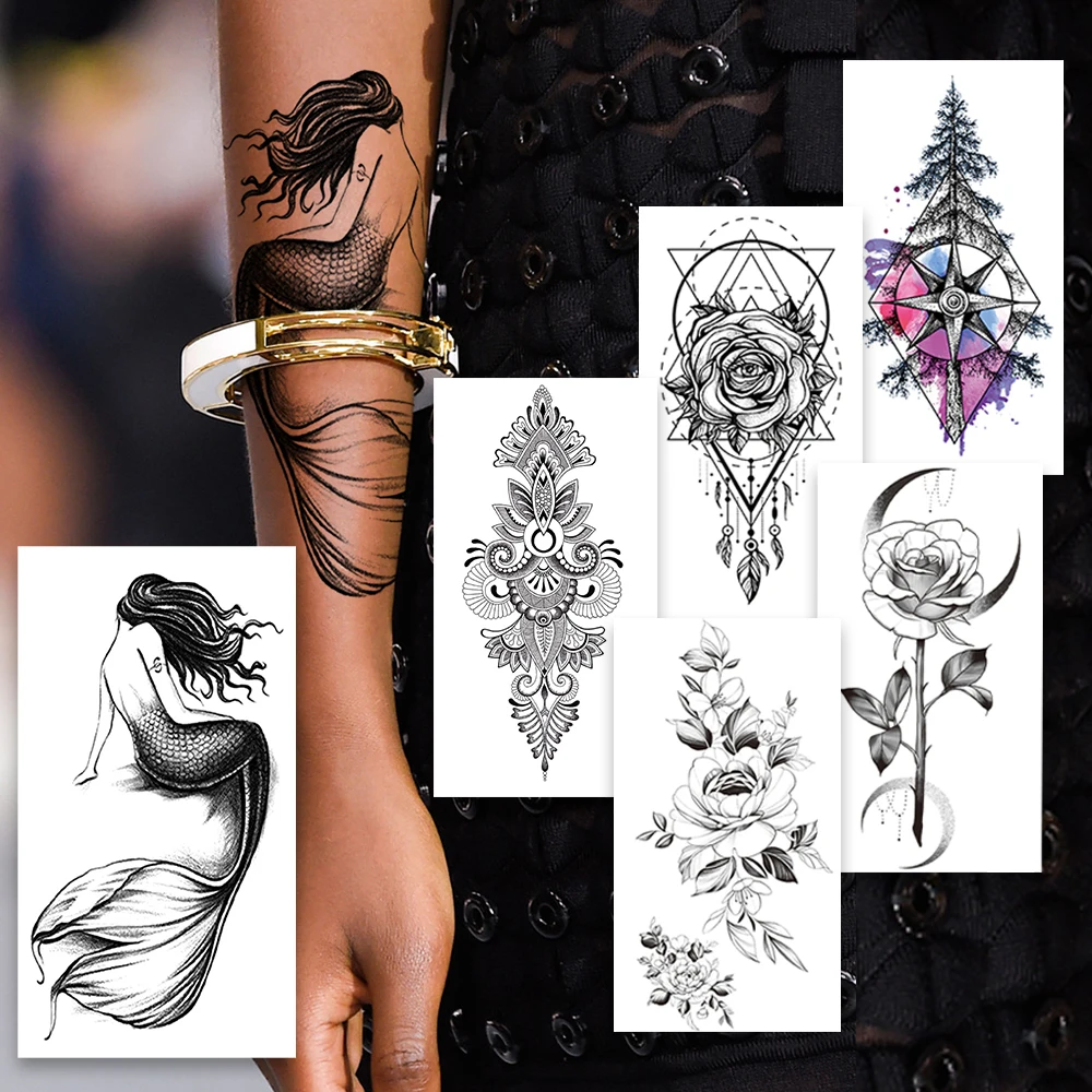 Временные татуировки черная Русалка для женщин татуировка с геометрическими