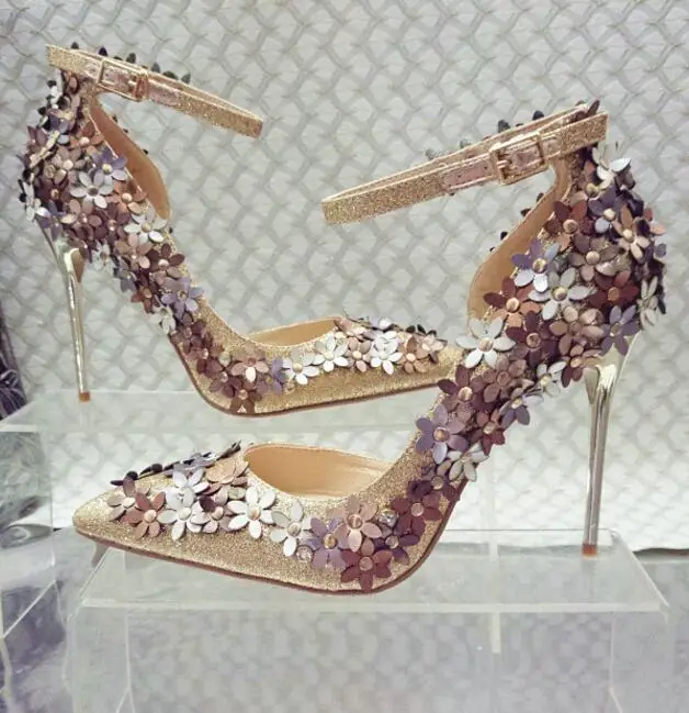 

Spring newest flower embellished pointed toe high heel shoes bling bling glitter ankle strap woman pumps gold wedding heels