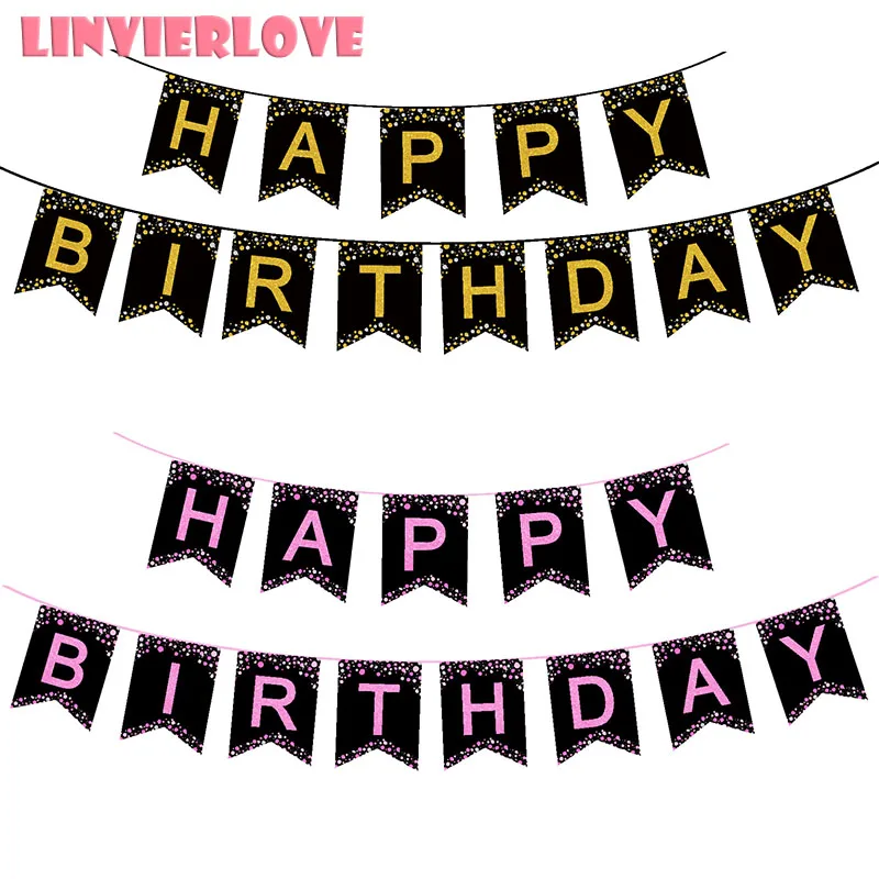 LINVIERLOVE 1 компл. Розовый черный золотой фольги с днем рождения бумаги баннеры для год вечерние украшения праздничные принадлежности