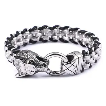 

Cool Wolf Head Bracelet Chain 316L Stainless Steel Black Leather Rope Oval Link Chain Men's Bracelet Bangle 8.64inch 13mm Wide
