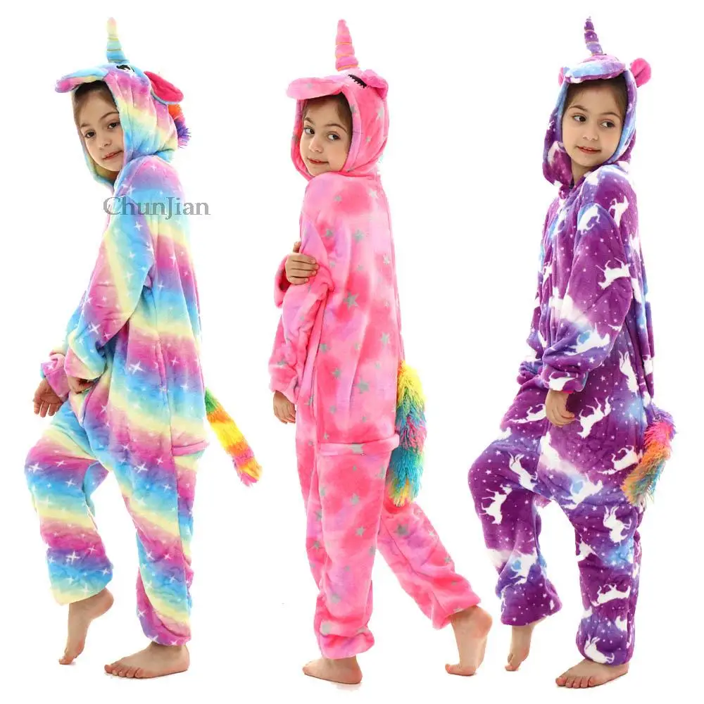 Girls Unicorn Pajamas Animal Onesie One Piece Hooded Jumpsuits Kids Overalls Boys Sets Fox Kigurumi Sleepwear Pizama