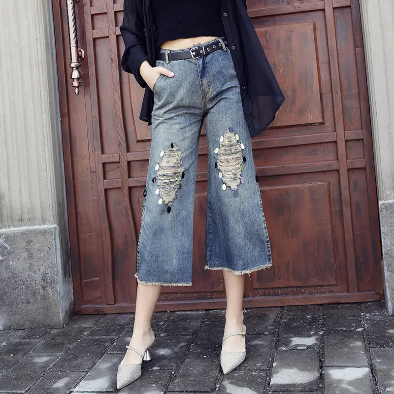Wide-leg Pants, Summer and Spring  New Jeans, Loose Holes, Women's Straight-leg Pants, Large Size Cropped Pants, Thin Section