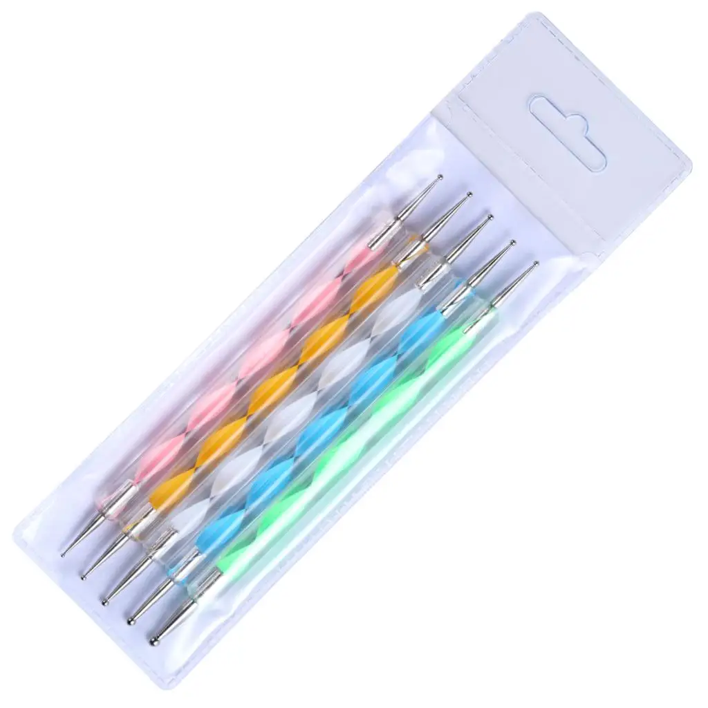 5pcs/Set UV Gel Painting Dotting Pen Acrylic Handle Professional Nail Art Tool 2 ways Swirl Marbleizing Steel Dotting Kit 5