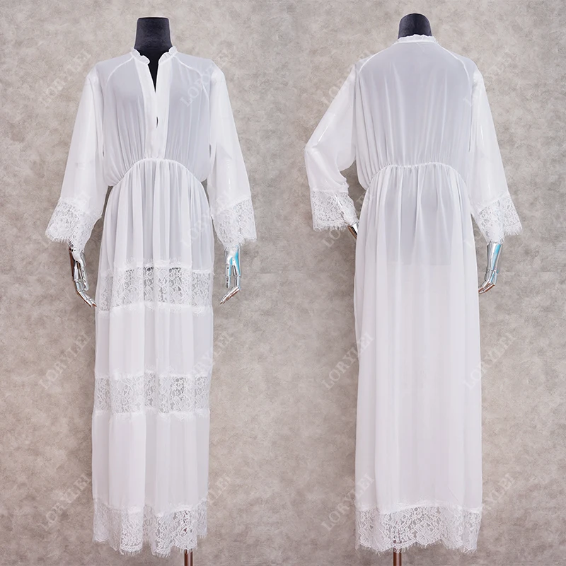 Elegant Lace Patchwork High Waist Loose Summer A Line Dress White Cotton Tunic Sexy Deep V-neck Women Beach Cover Up N988
